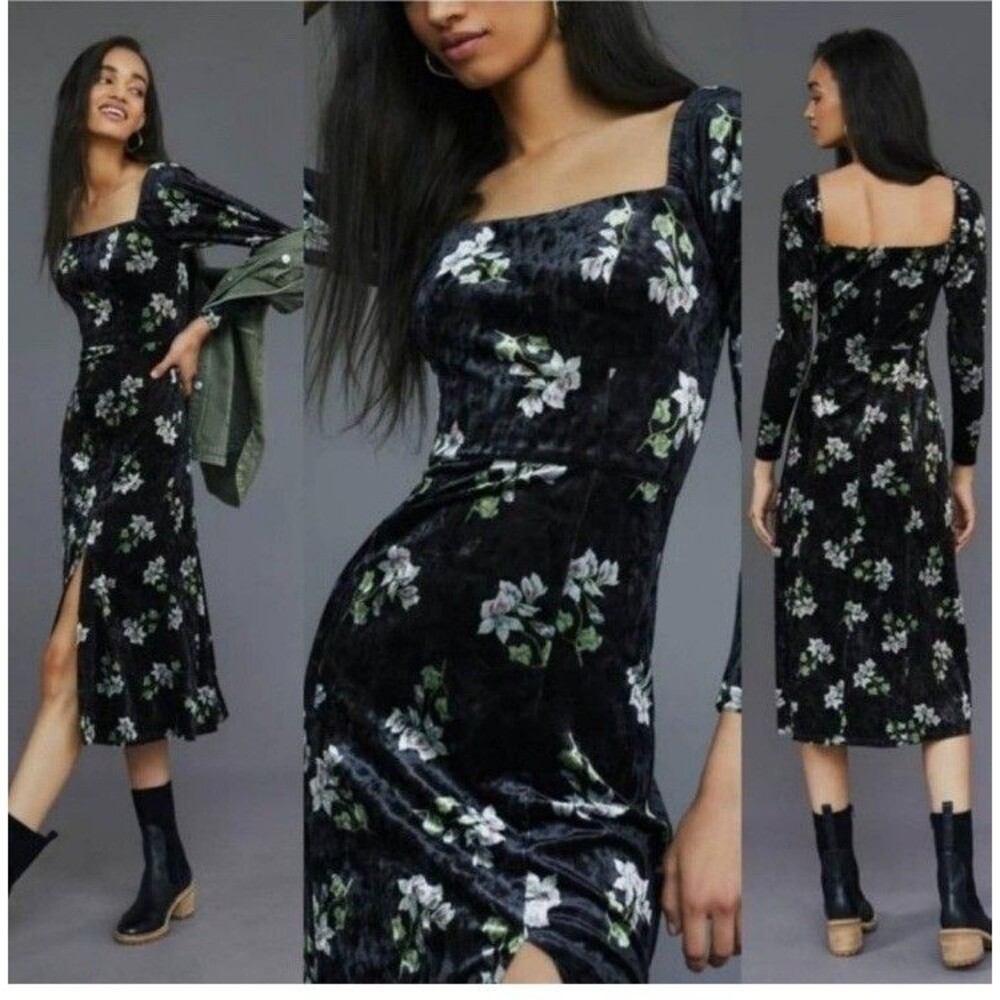 Hutch Dress Womens XS Black Floral Velvet Empire Waist Side Slit Romantic Midi